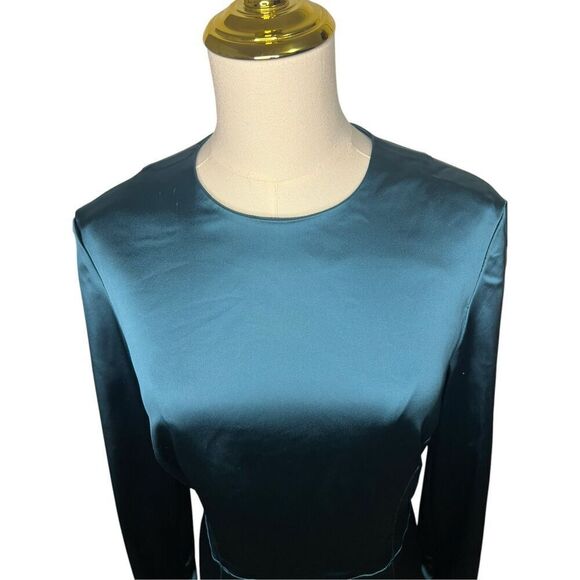 Theory Women’s 6 Satin Mini Dress Deep Arctic Teal Long Sleeve - Picture 4 of 9